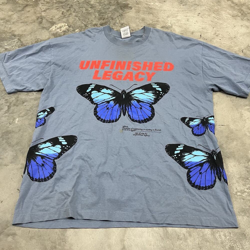 Unfinished Legacy Blue Butterfly Graphic Tee Small Blue Shirt Short Sleeves XL